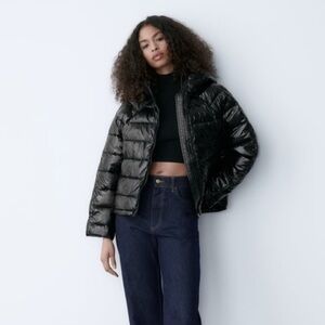 Zara Black Water Repellant Slicket Puffer  Jacket Size Large